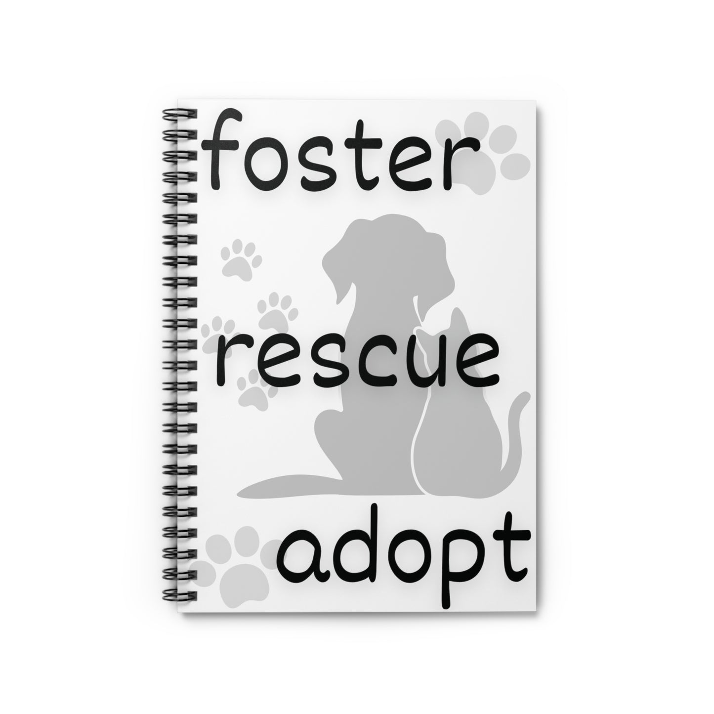 white spiral notebook with dog and cat image and the words foster, rescue, adopt on the front