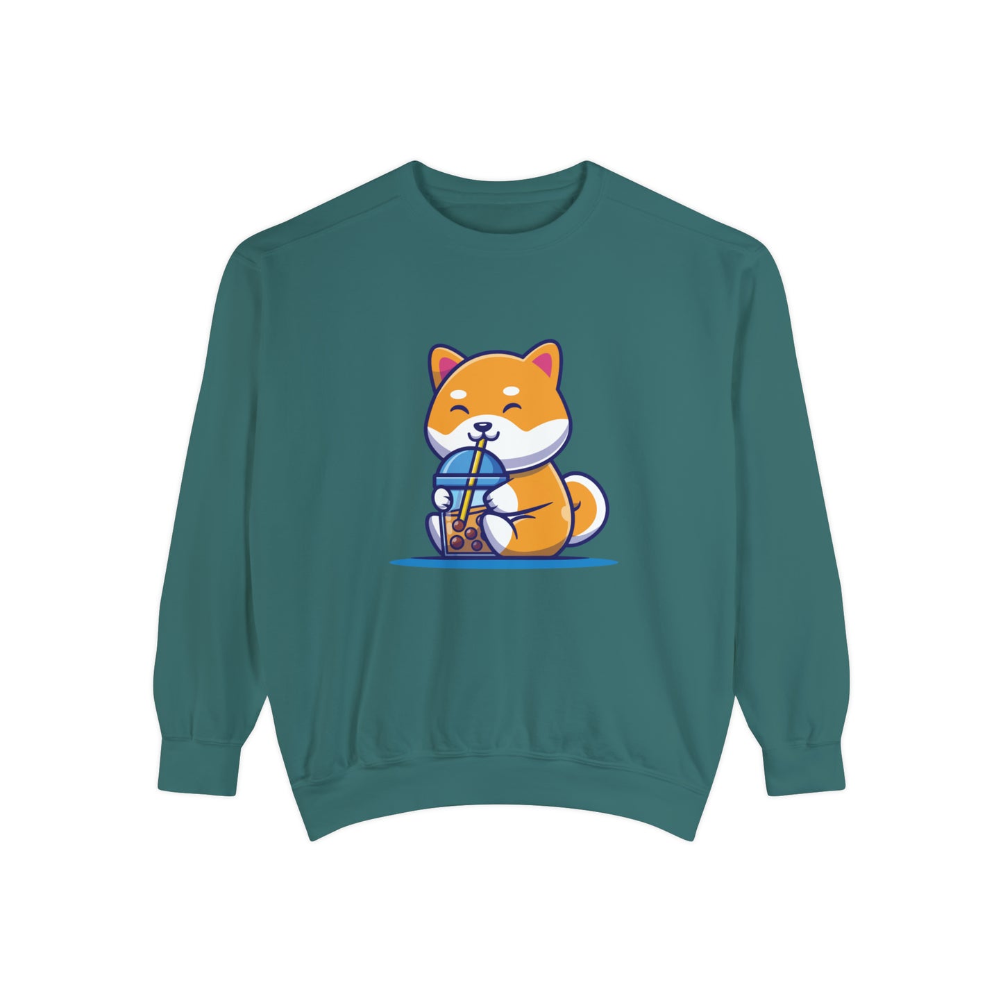 Cute Shiba Inu Drinking Boba Unisex Garment-Dyed Sweatshirt (S-XL)