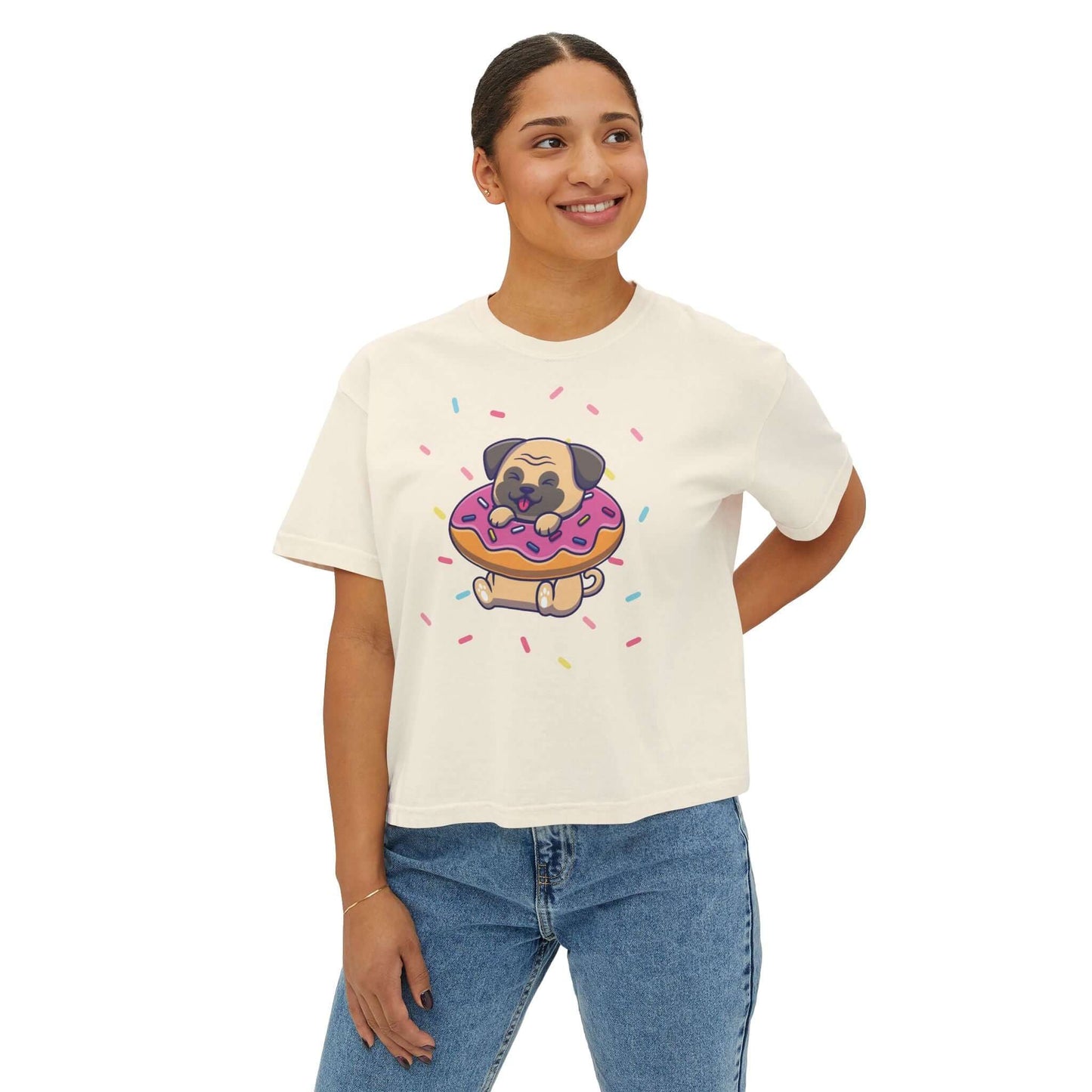 Playful Pug Donut Women’s Boxy Tee featuring a cute pug with sprinkles on a donut, perfect for dog lovers.