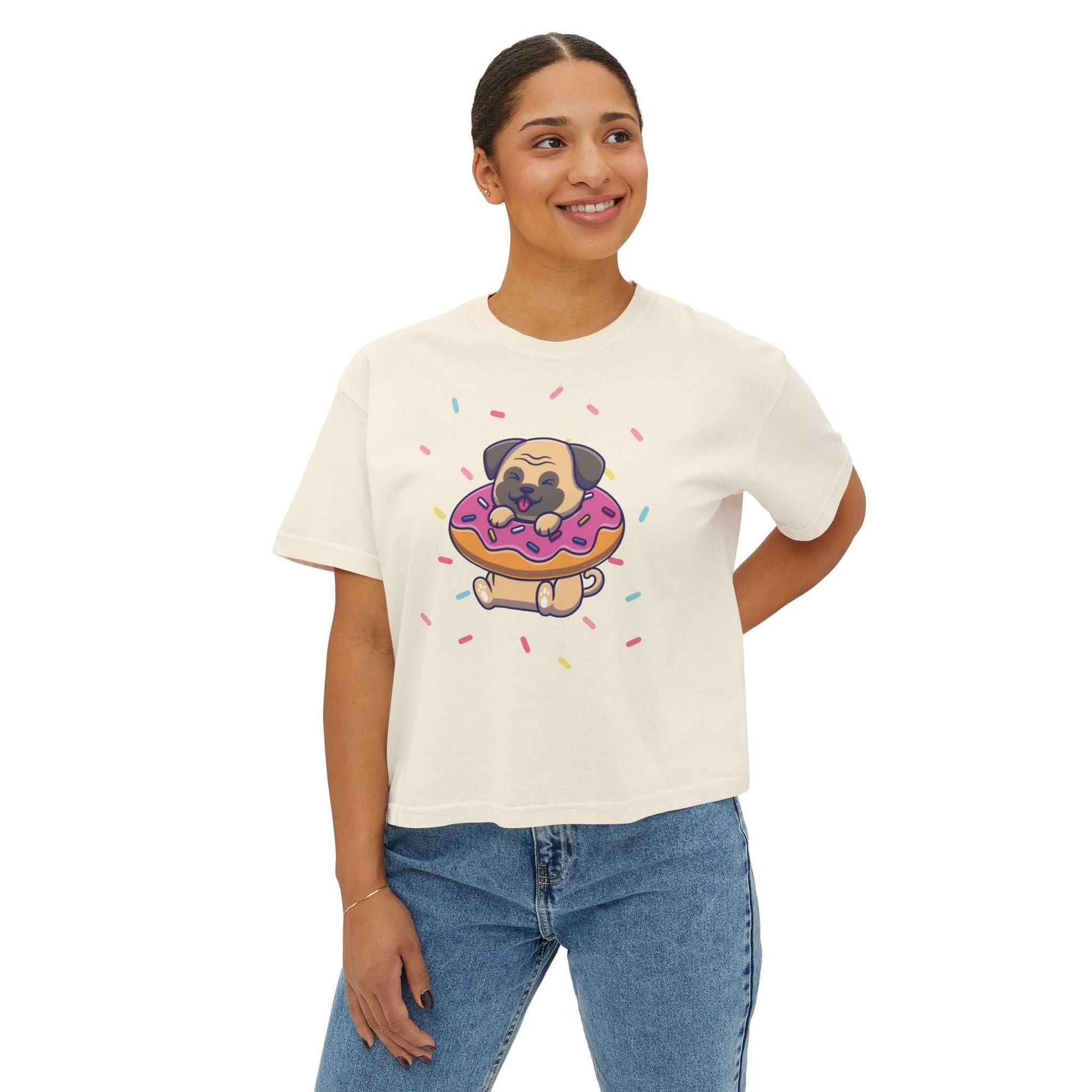 Playful Pug Donut Women’s Boxy Tee featuring a cute pug with sprinkles on a donut, perfect for dog lovers.
