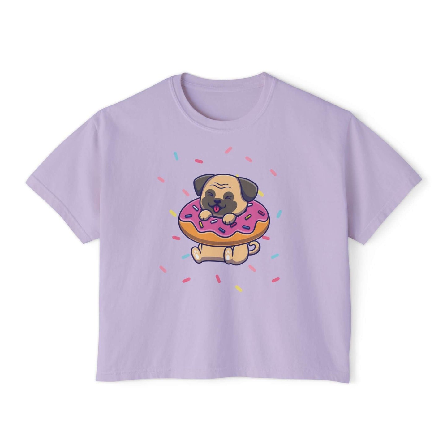 Cute lavender boxy tee shirt featuring a pug with a donut and sprinkles, perfect for dog lovers and summer fun.
