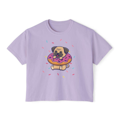 Cute lavender boxy tee shirt featuring a pug with a donut and sprinkles, perfect for dog lovers and summer fun.