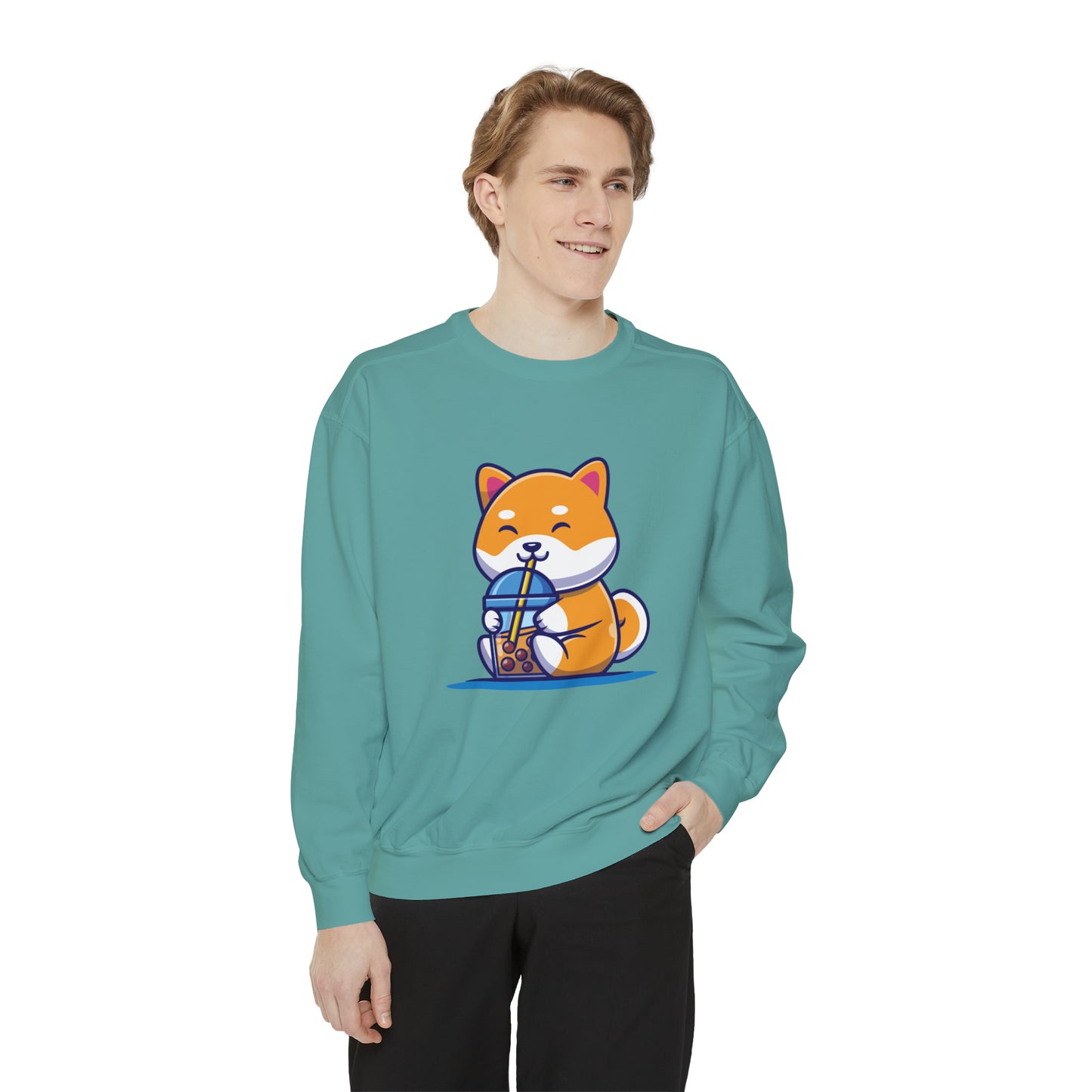 Cute Shiba Inu Drinking Boba Unisex Garment-Dyed Sweatshirt (S-XL)