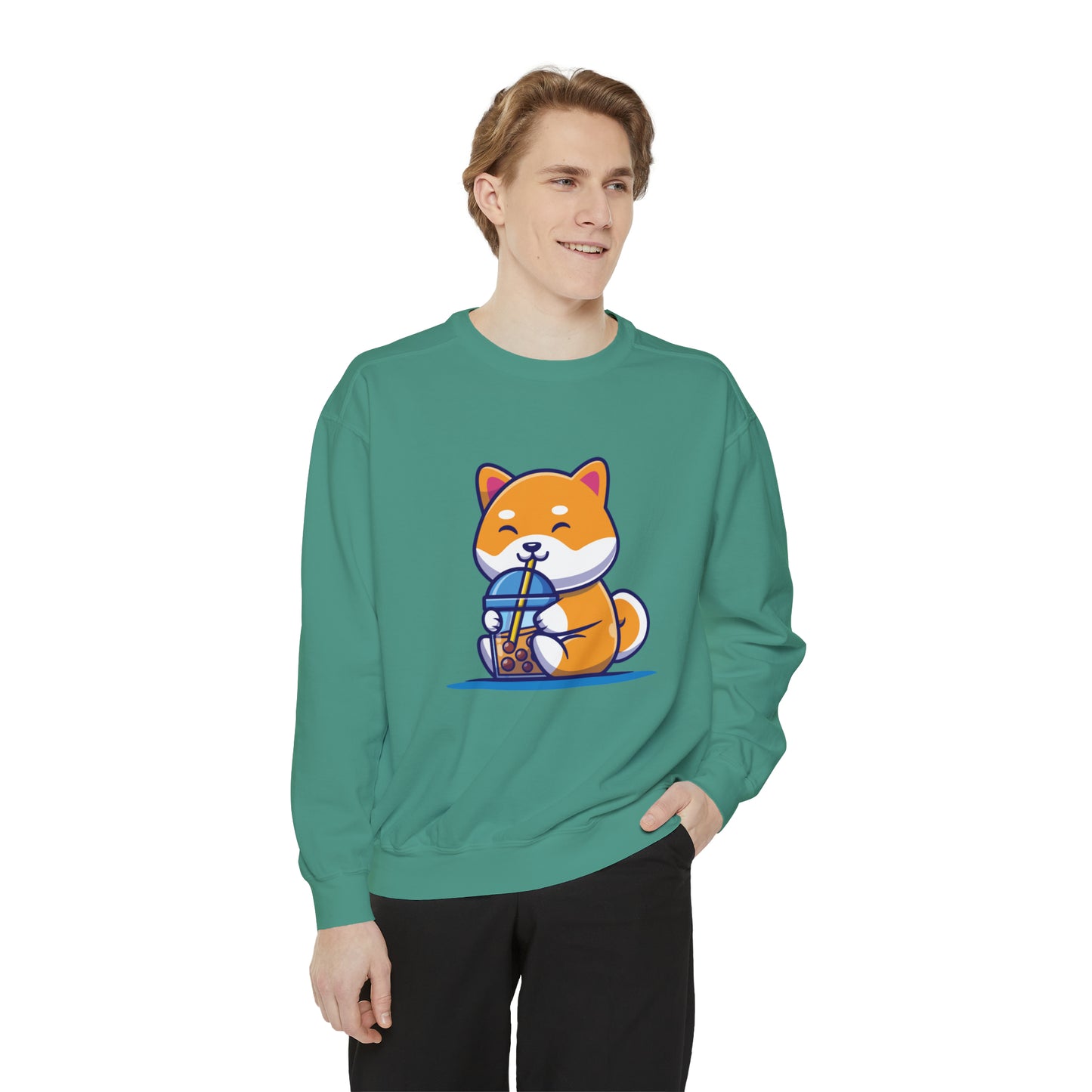 Cute Shiba Inu Drinking Boba Unisex Garment-Dyed Sweatshirt (S-XL)