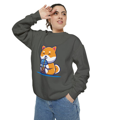 Cute Shiba Inu Drinking Boba Unisex Garment-Dyed Sweatshirt (S-XL)