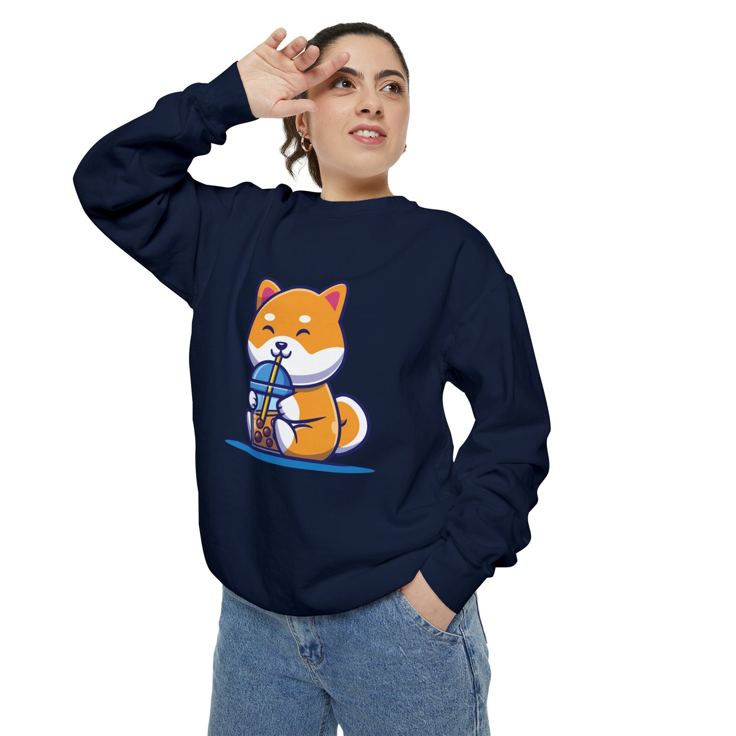 Cute Shiba Inu Drinking Boba Unisex Garment-Dyed Sweatshirt (S-XL)