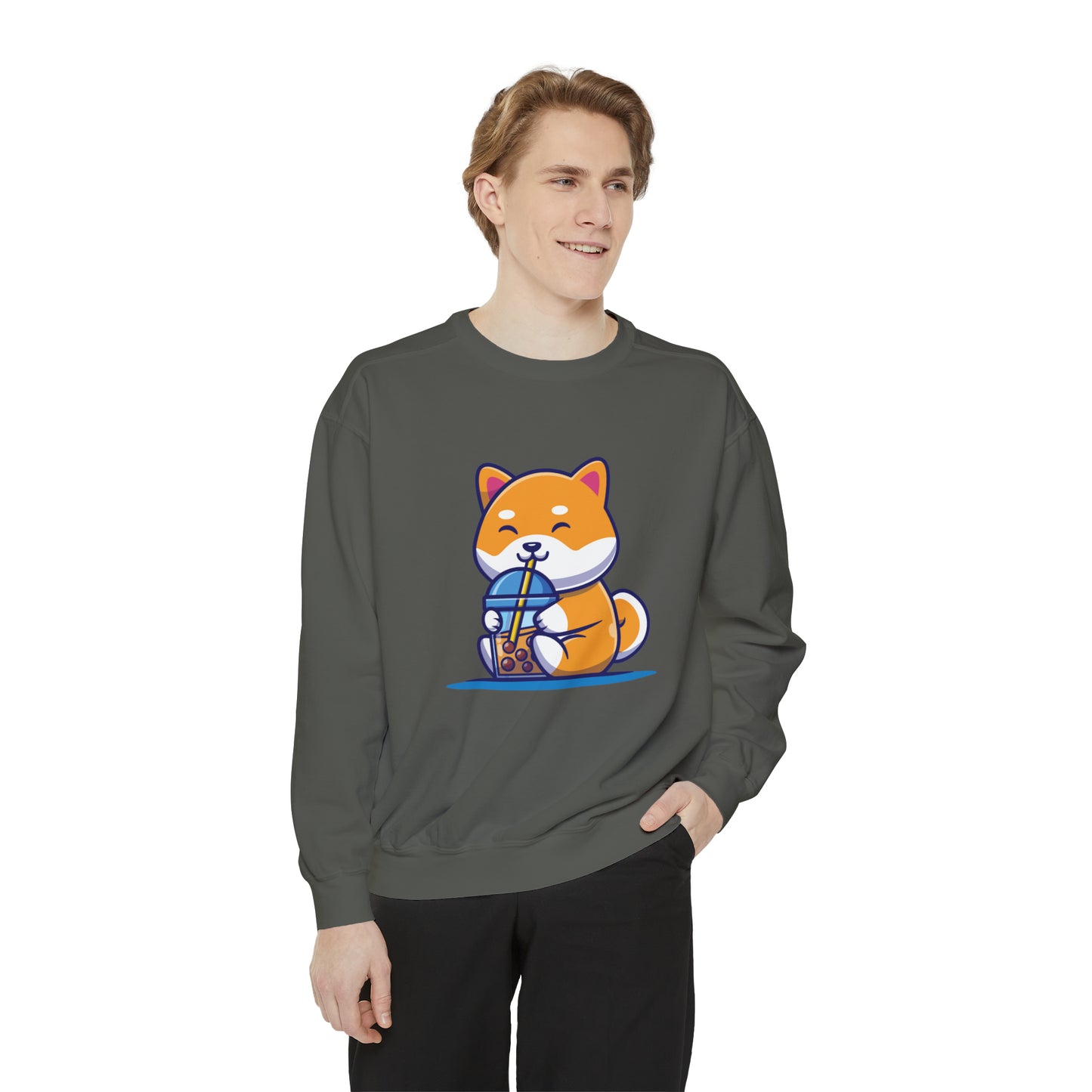 Cute Shiba Inu Drinking Boba Unisex Garment-Dyed Sweatshirt (S-XL)