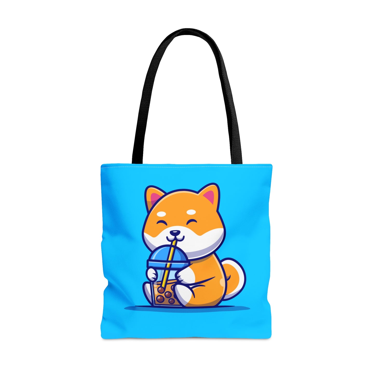 Turquoise Bag with black Handles with orange shiba Inu sitting and drinking boba