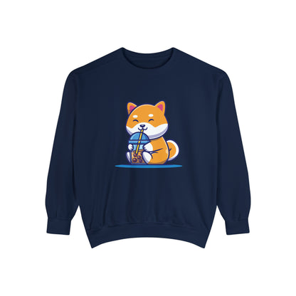 Cute Shiba Inu Drinking Boba Unisex Garment-Dyed Sweatshirt (S-XL)