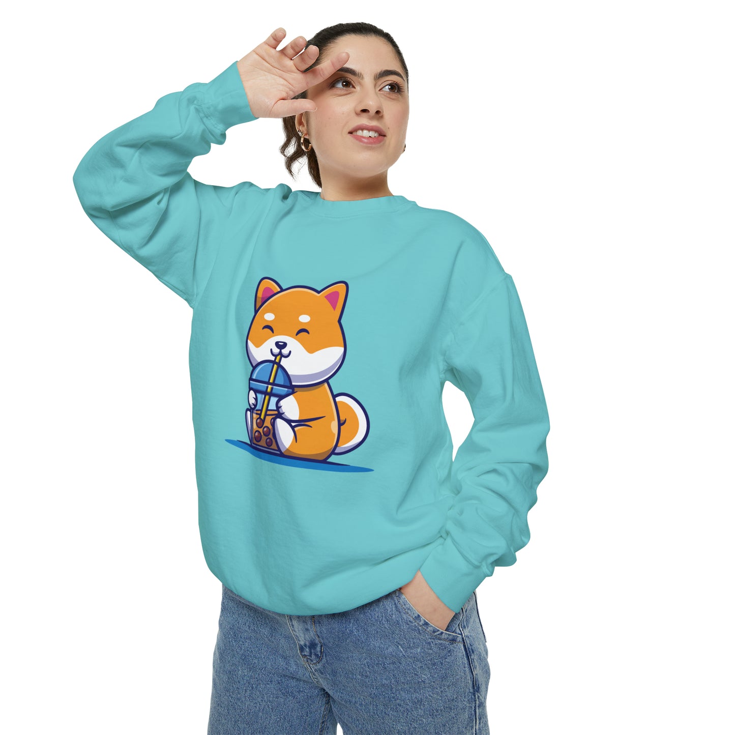 Cute Shiba Inu Drinking Boba Unisex Garment-Dyed Sweatshirt (2XL/3XL)