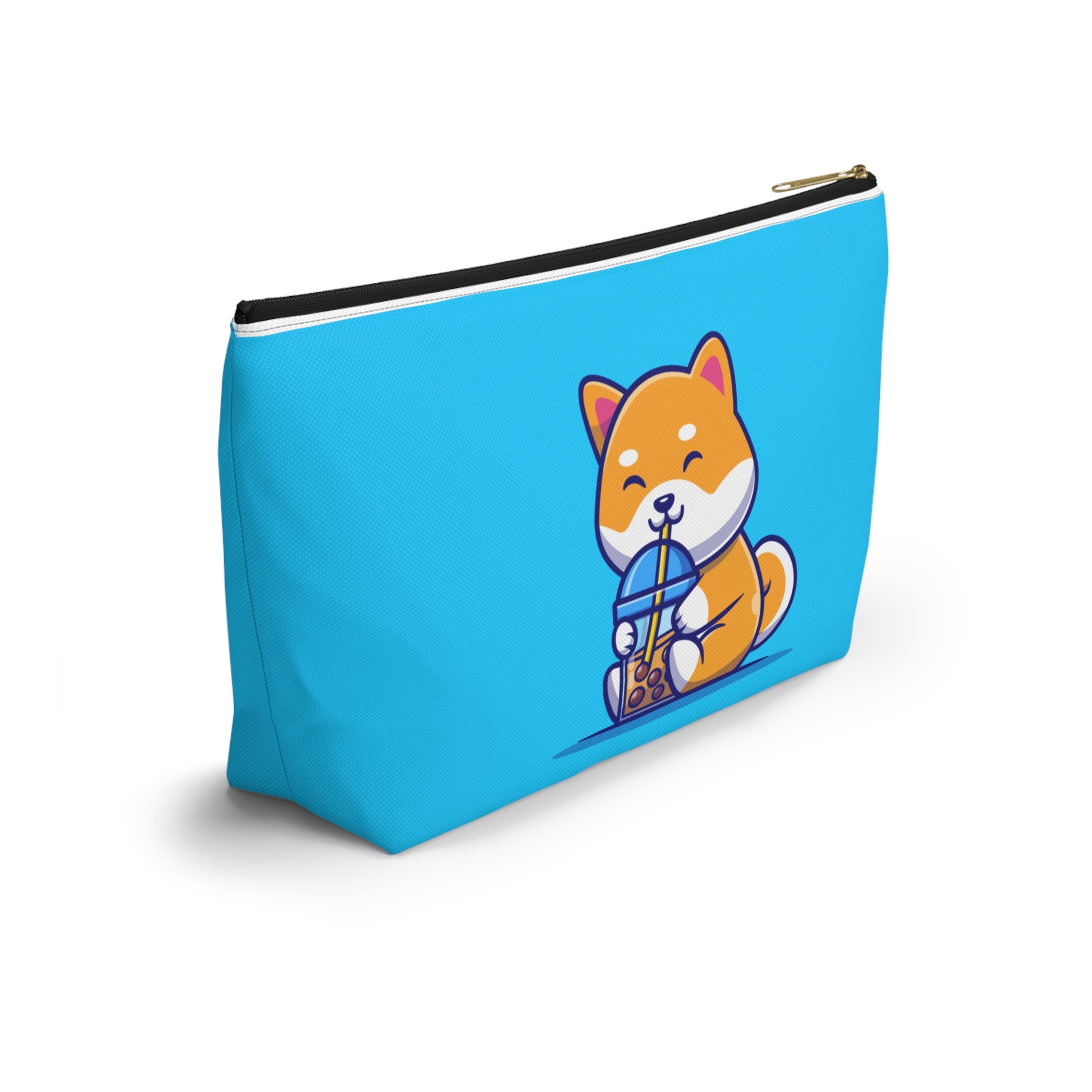 Additional side view of Turquoise pouch with cute shiba inu drinking Boba design, black zipper