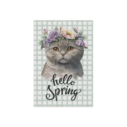 Hello Spring Cat with Flowers Garden Flag