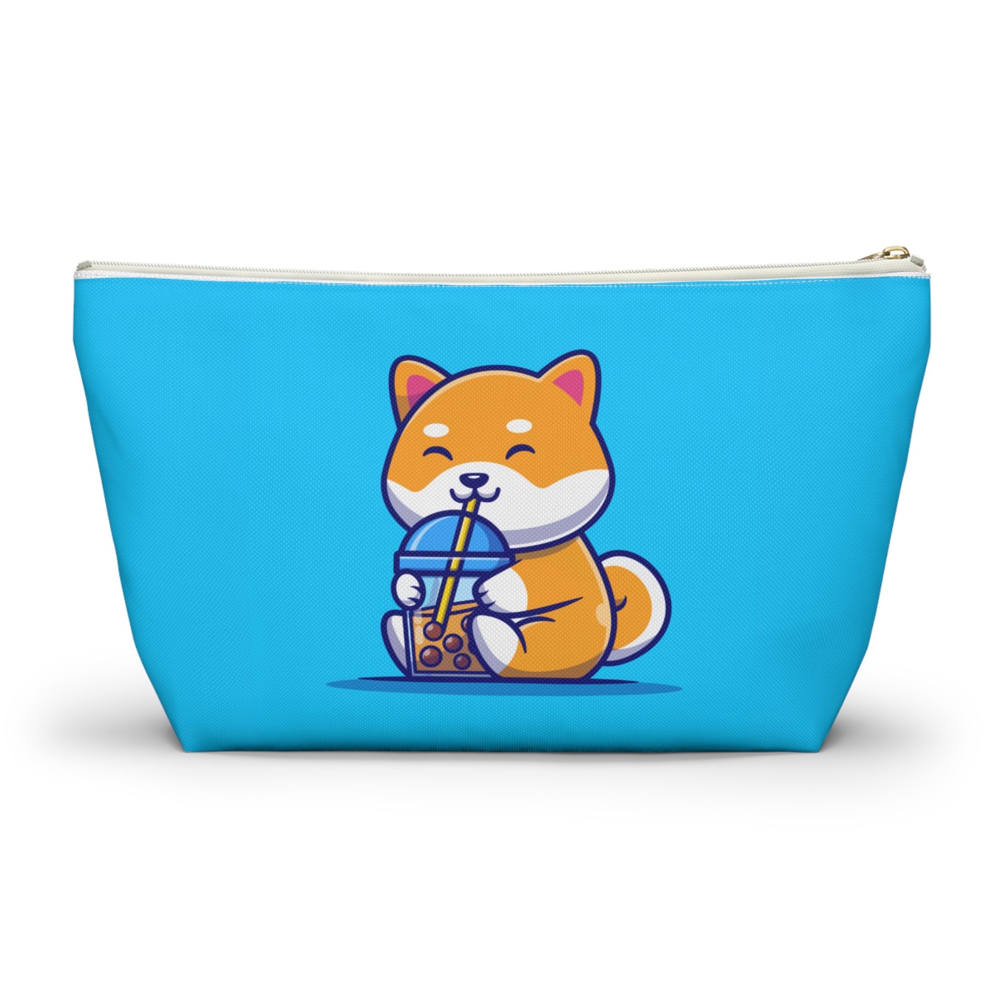 Front view of large Turquoise pouch with cute shiba inu drinking Boba design, white zipper