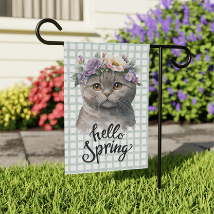 Hello Spring Cat with Flowers Garden Flag