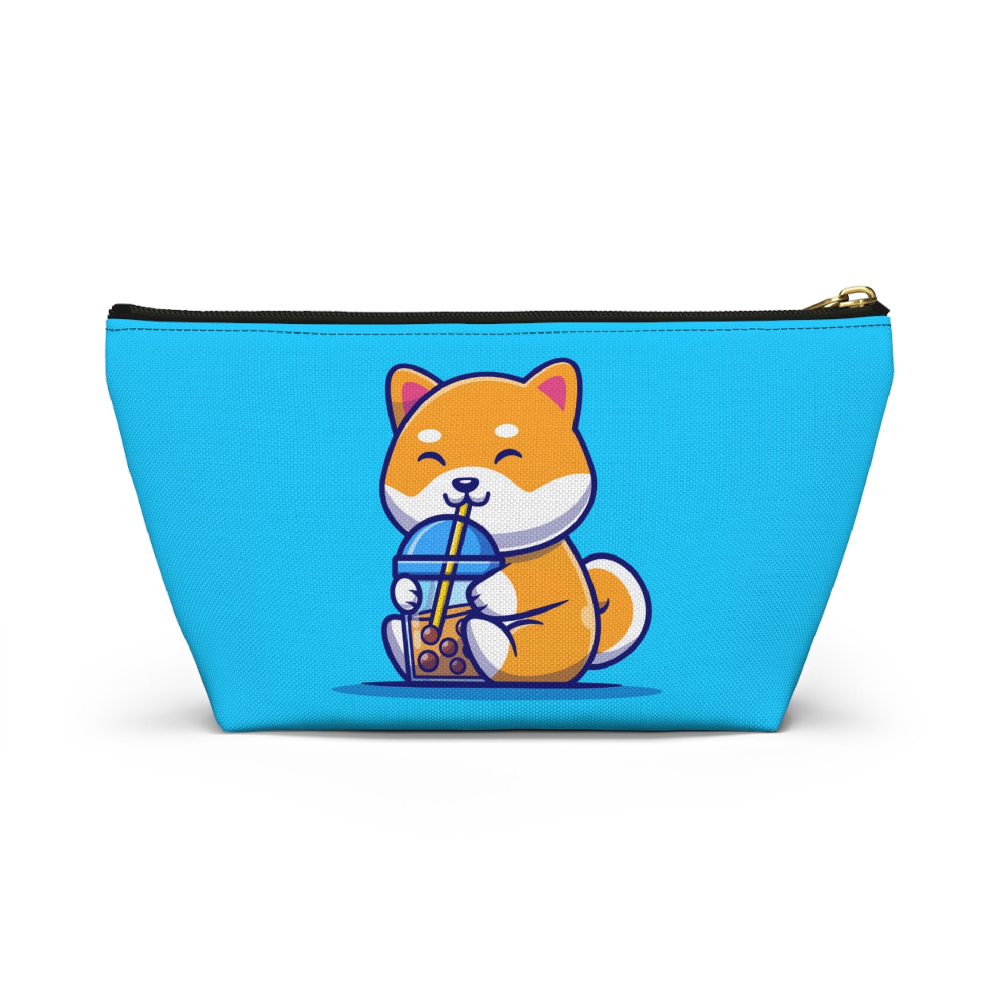 front view of Turquoise pouch with cute shiba inu drinking Boba design, black zipper