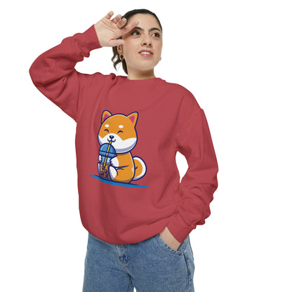 Cute Shiba Inu Drinking Boba Unisex Garment-Dyed Sweatshirt (S-XL)