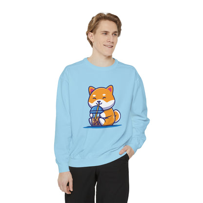 Cute Shiba Inu Drinking Boba Unisex Garment-Dyed Sweatshirt (2XL/3XL)