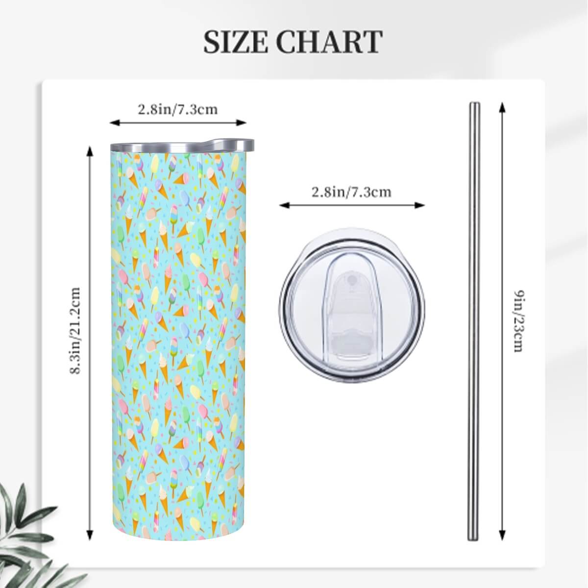 Size chart for a mint ice cream straw water bottle, measuring 8.3" tall with a stainless steel straw and lid.