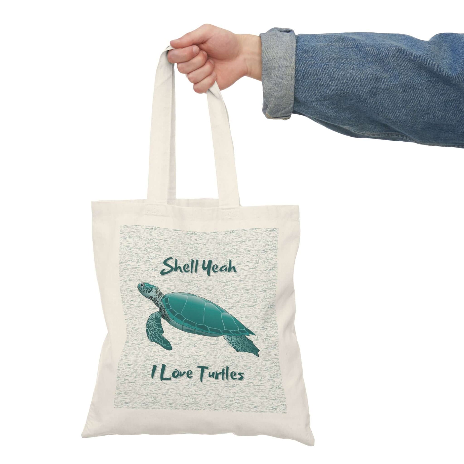 Eco-Friendly Turtle Tote Bag with 'Shell Yeah, I Love Turtles' design, perfect for beach trips and shopping!