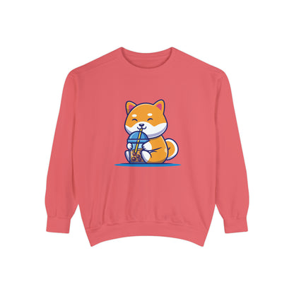 Cute Shiba Inu Drinking Boba Unisex Garment-Dyed Sweatshirt (S-XL)