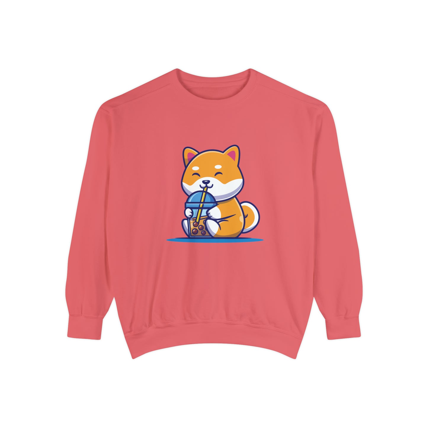 Cute Shiba Inu Drinking Boba Unisex Garment-Dyed Sweatshirt (2XL/3XL)