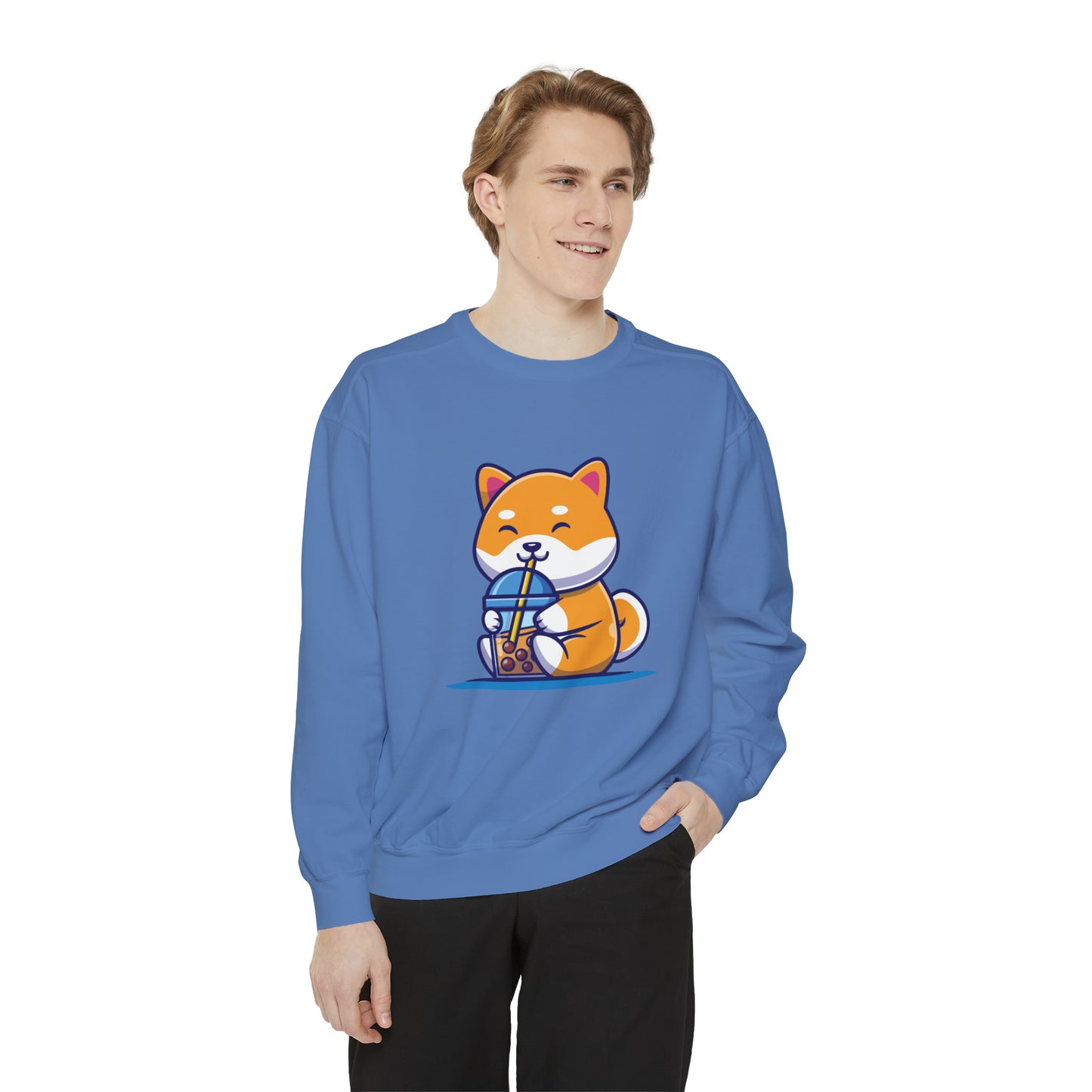 Cute Shiba Inu Drinking Boba Unisex Garment-Dyed Sweatshirt (2XL/3XL)