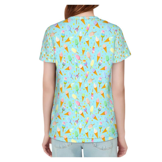 Back view of mint ice cream graphic t-shirt with colorful ice cream pattern for women in relaxed fit.