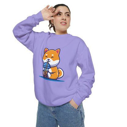 Cute Shiba Inu Drinking Boba Unisex Garment-Dyed Sweatshirt (S-XL)