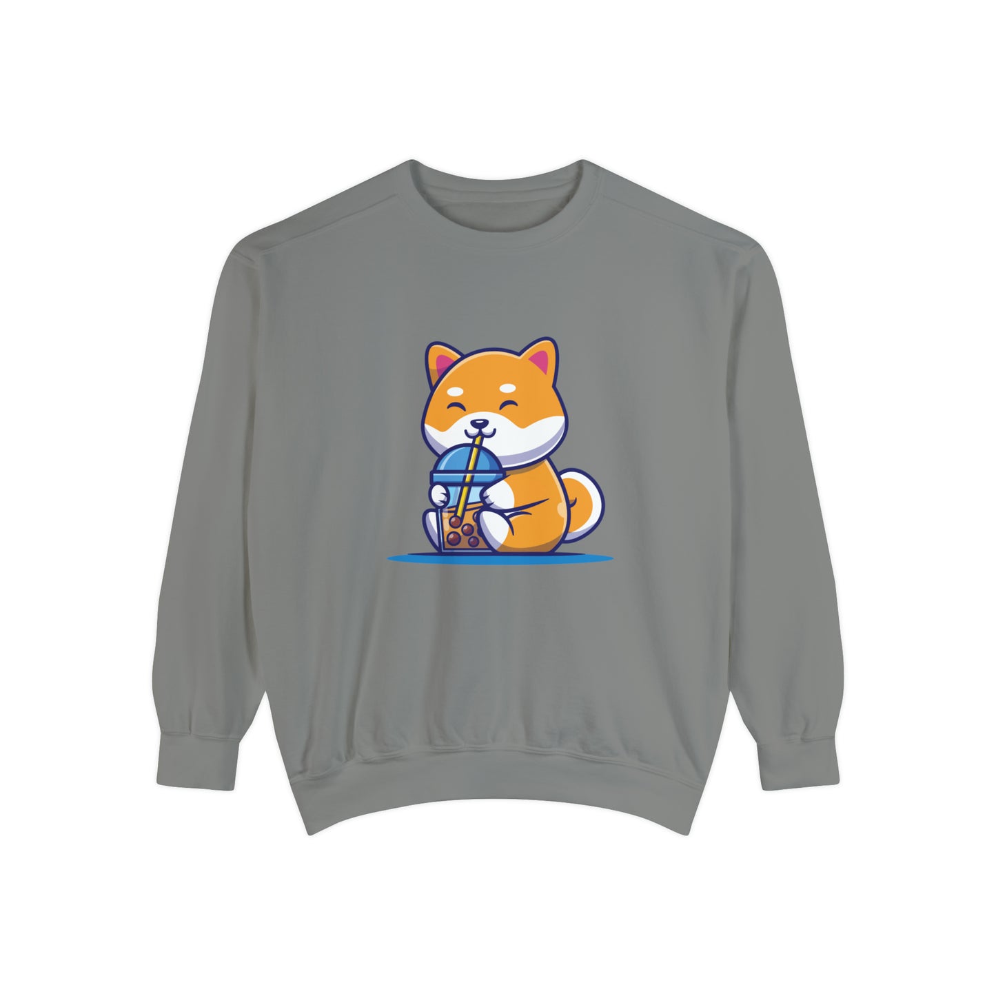 Cute Shiba Inu Drinking Boba Unisex Garment-Dyed Sweatshirt (S-XL)