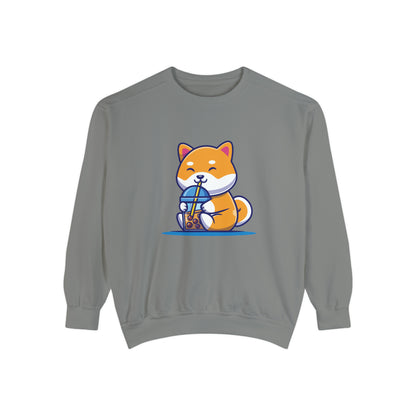 Cute Shiba Inu Drinking Boba Unisex Garment-Dyed Sweatshirt (S-XL)