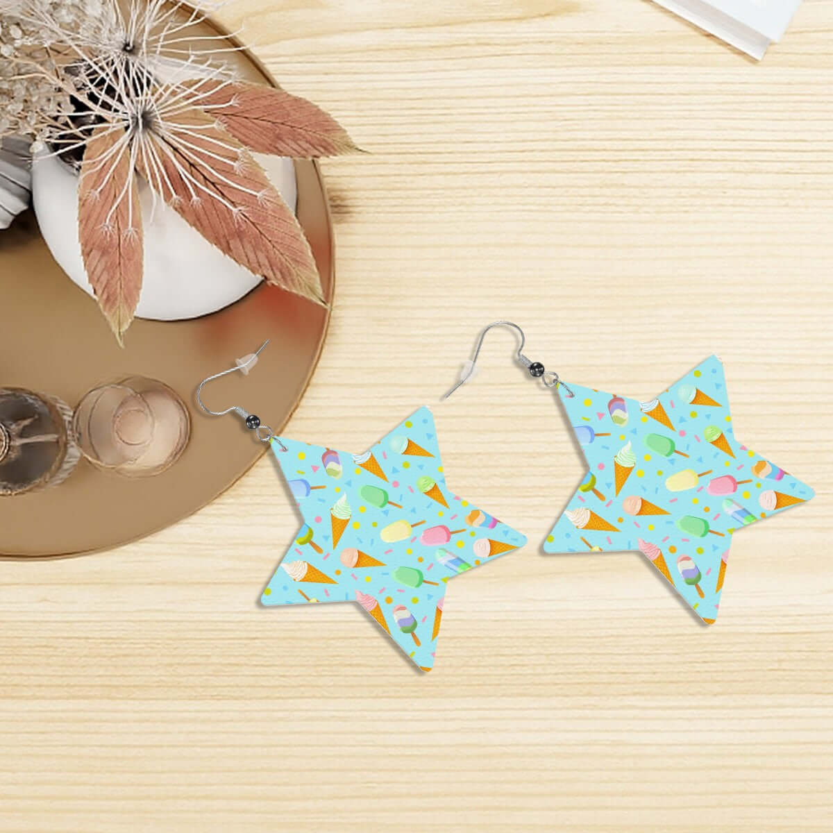 Mint leather star earrings with ice cream pattern, perfect for summer and matching pet accessories.