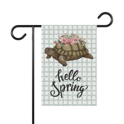 Hello Spring Turtle with Flowers Garden Flag