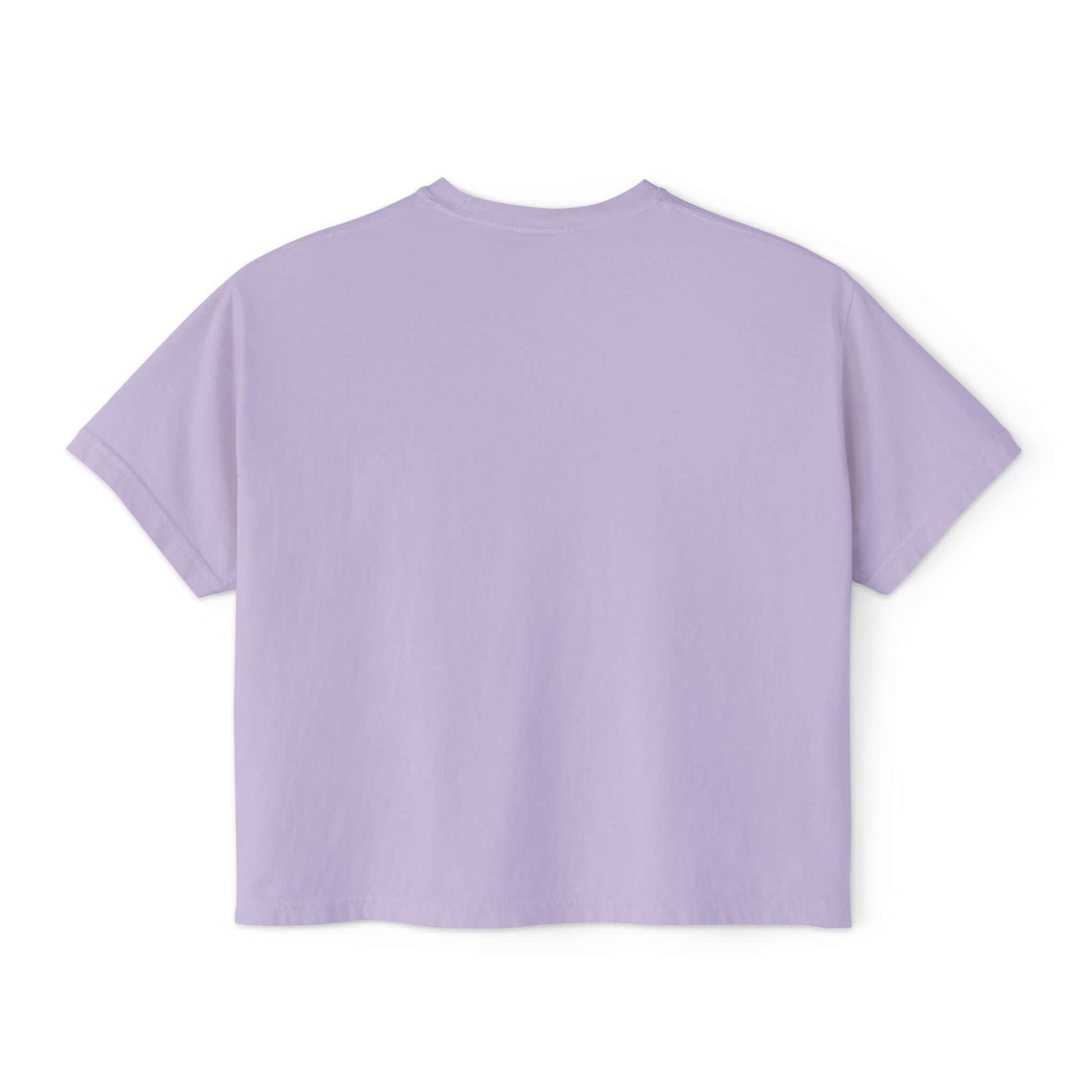 Back view of playful pug donut women’s boxy tee shirt in soft lavender color, perfect for summer casual wear.
