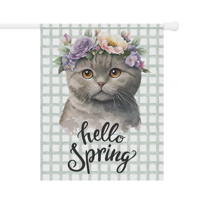 Hello Spring Cat with Flowers Garden Flag