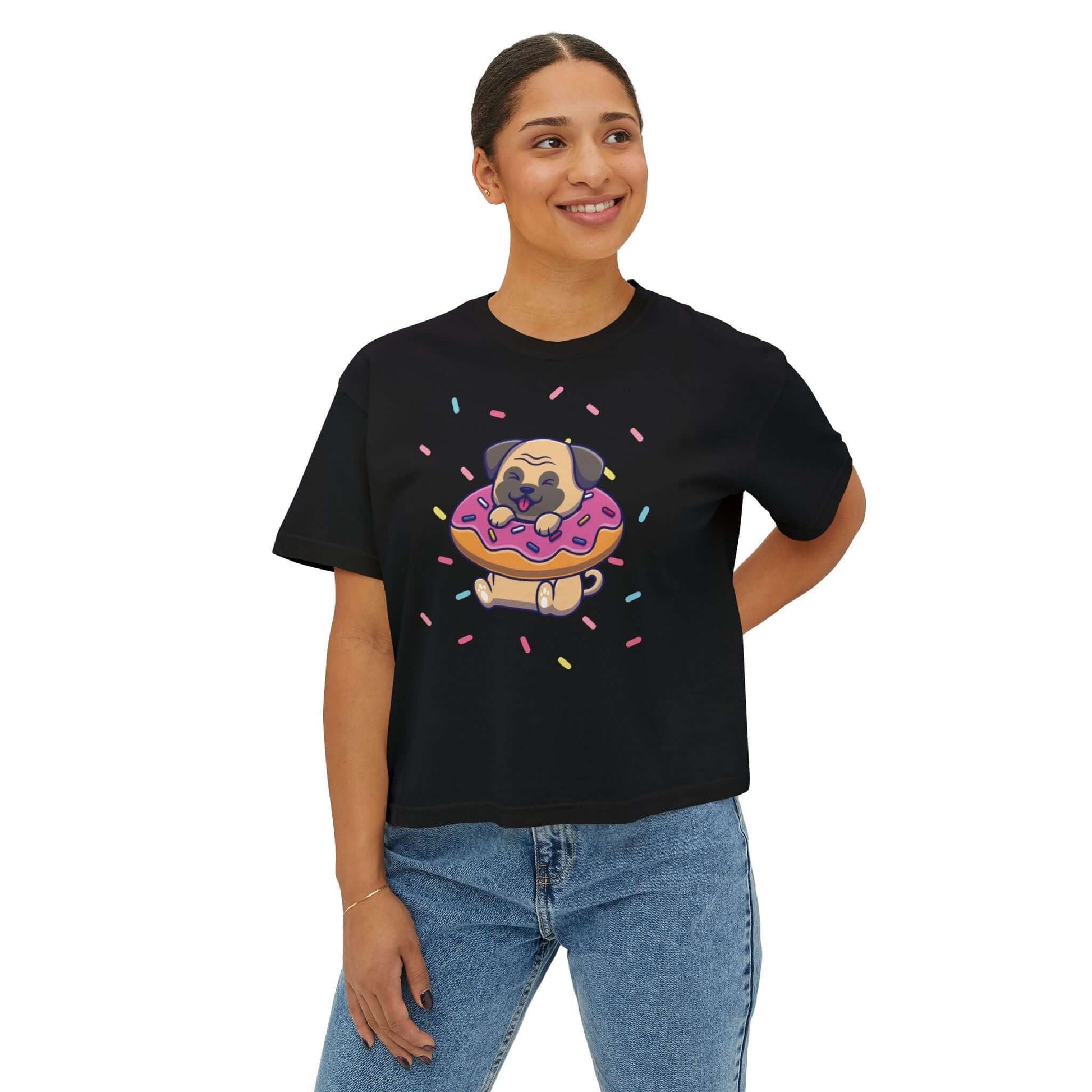 Playful pug graphic tee with donut and sprinkles, perfect summer boxy shirt for dog lovers.