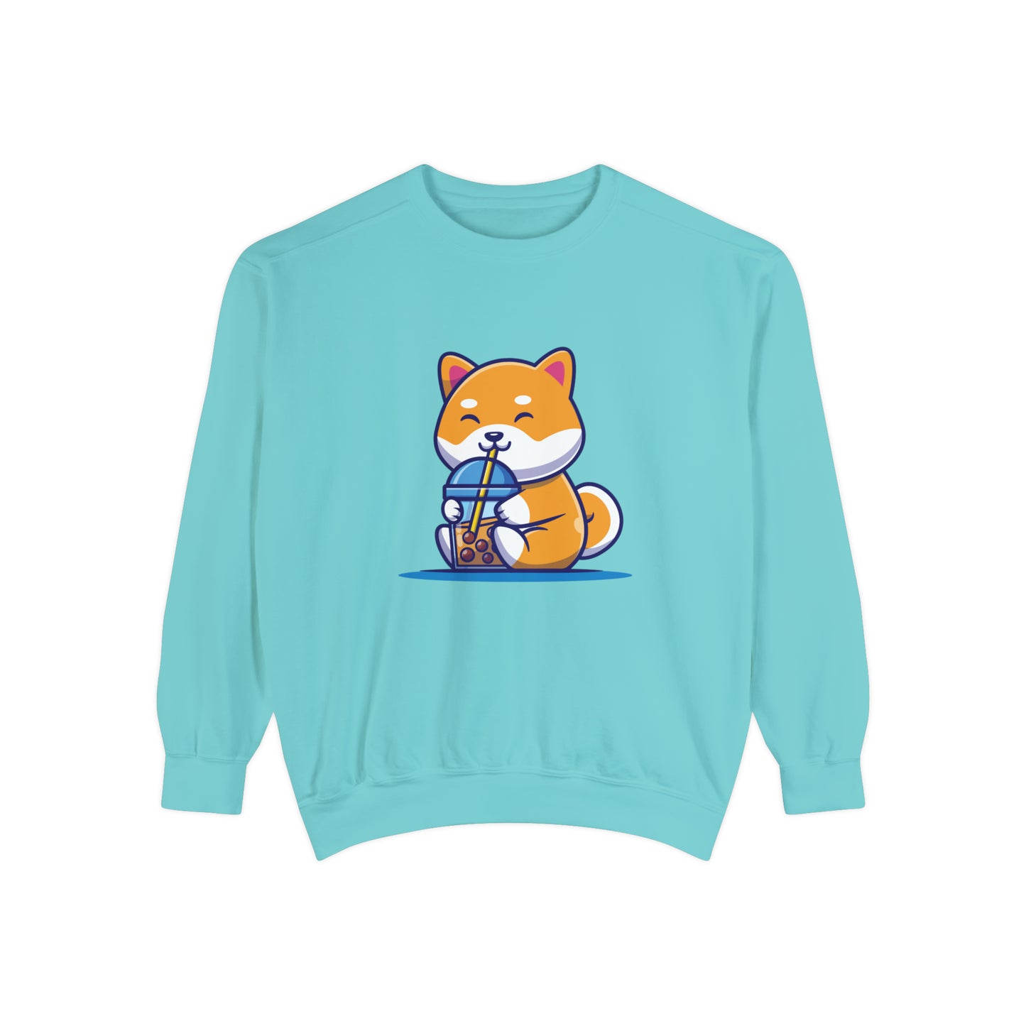 Cute Shiba Inu Drinking Boba Unisex Garment-Dyed Sweatshirt (S-XL)