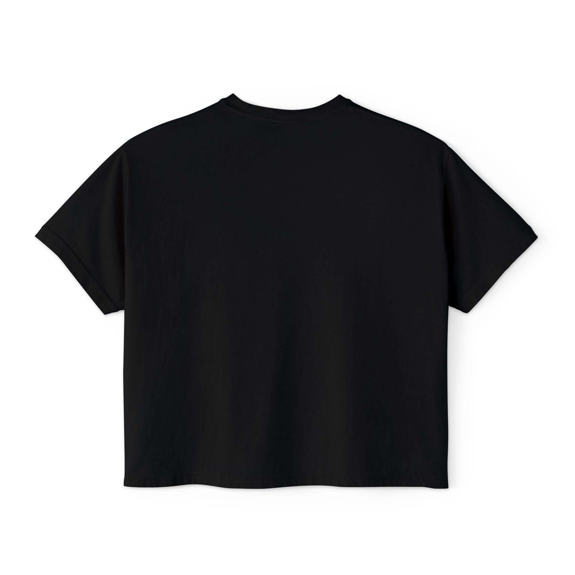 Back view of a black women's boxy tee shirt, perfect for casual style and layering.