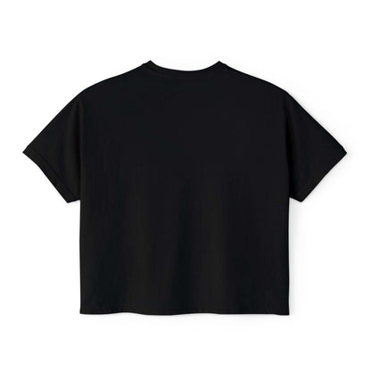 Back view of a black women's boxy tee shirt, perfect for casual style and layering.