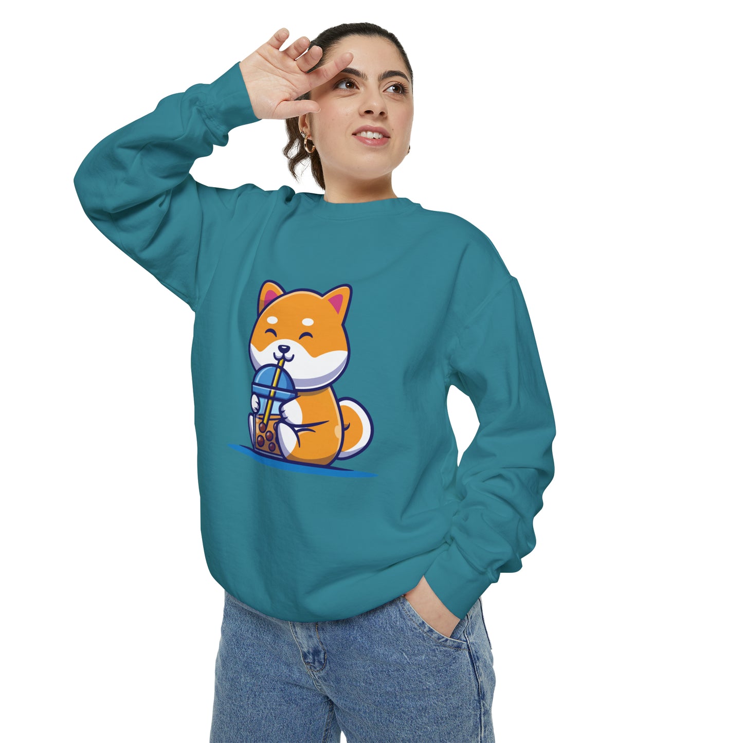 Cute Shiba Inu Drinking Boba Unisex Garment-Dyed Sweatshirt (S-XL)