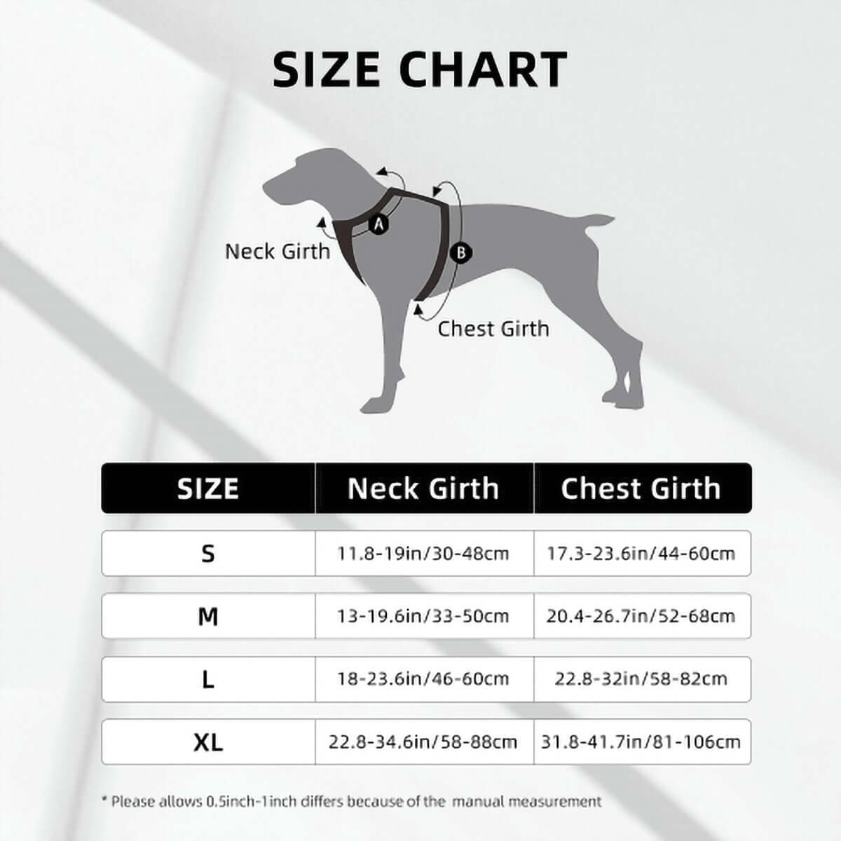 Size chart for Striped Rainbow Pet Harness showing neck and chest girth measurements for sizes S-XL.