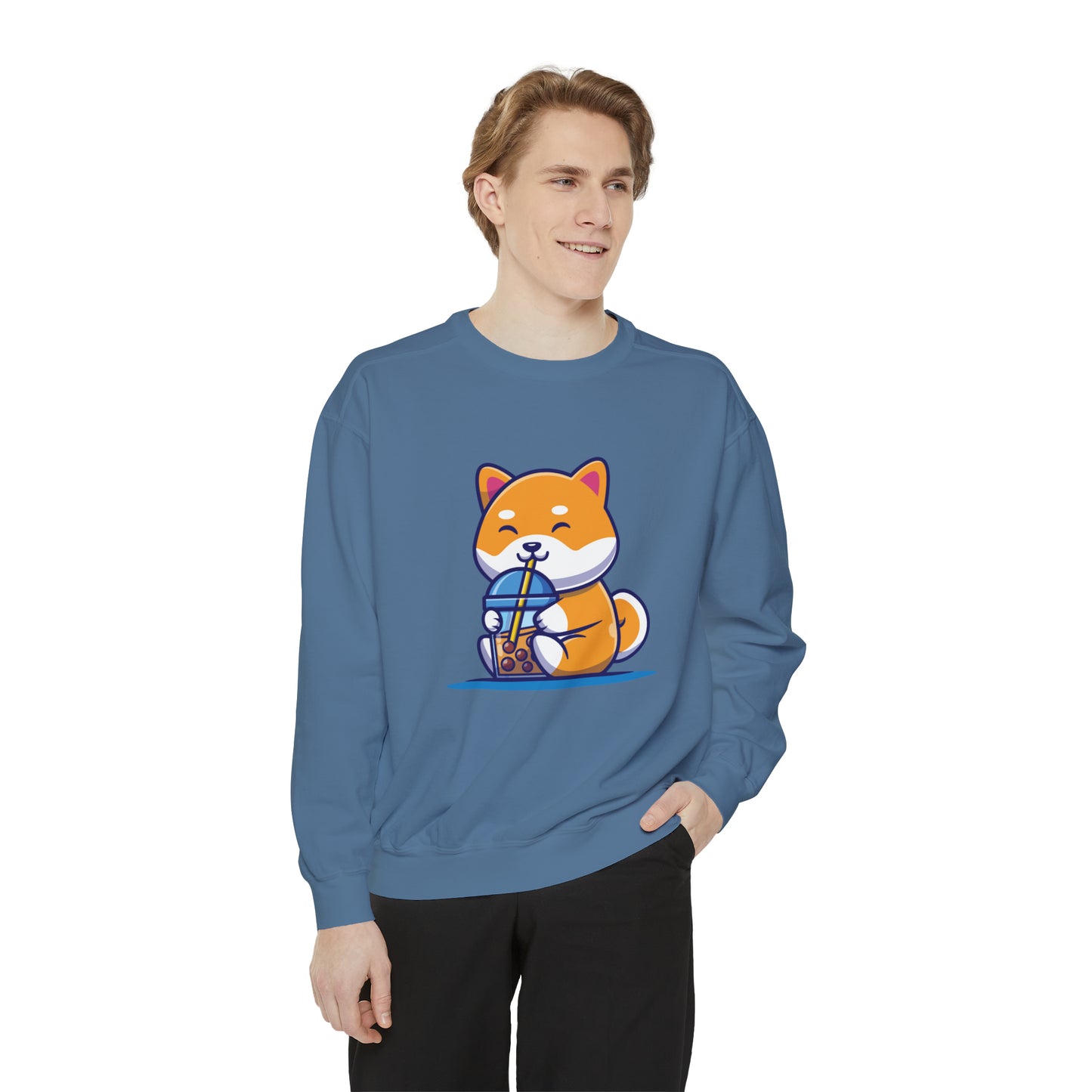 Cute Shiba Inu Drinking Boba Unisex Garment-Dyed Sweatshirt (S-XL)