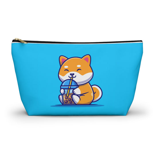 Turquoise pouch with cute shiba inu drinking Boba design, black zipper