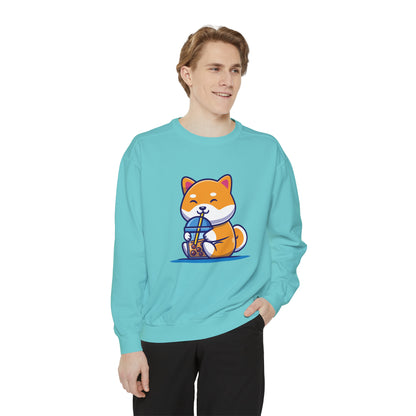 Cute Shiba Inu Drinking Boba Unisex Garment-Dyed Sweatshirt (S-XL)