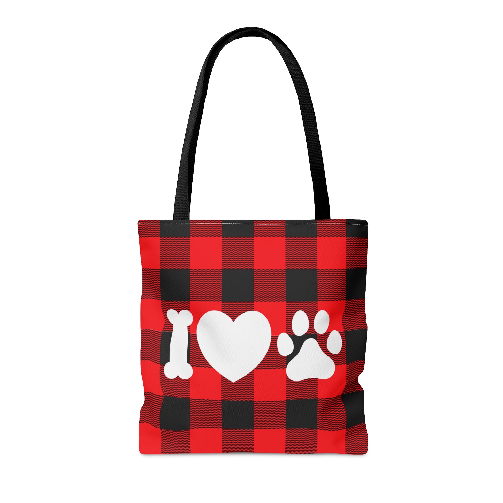 Buffalo Plaid Tote Bag with white font of I heart dog, the I is a dog bone, followed my heart symbol and then a dog paw print. 