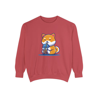 Cute Shiba Inu Drinking Boba Unisex Garment-Dyed Sweatshirt (S-XL)