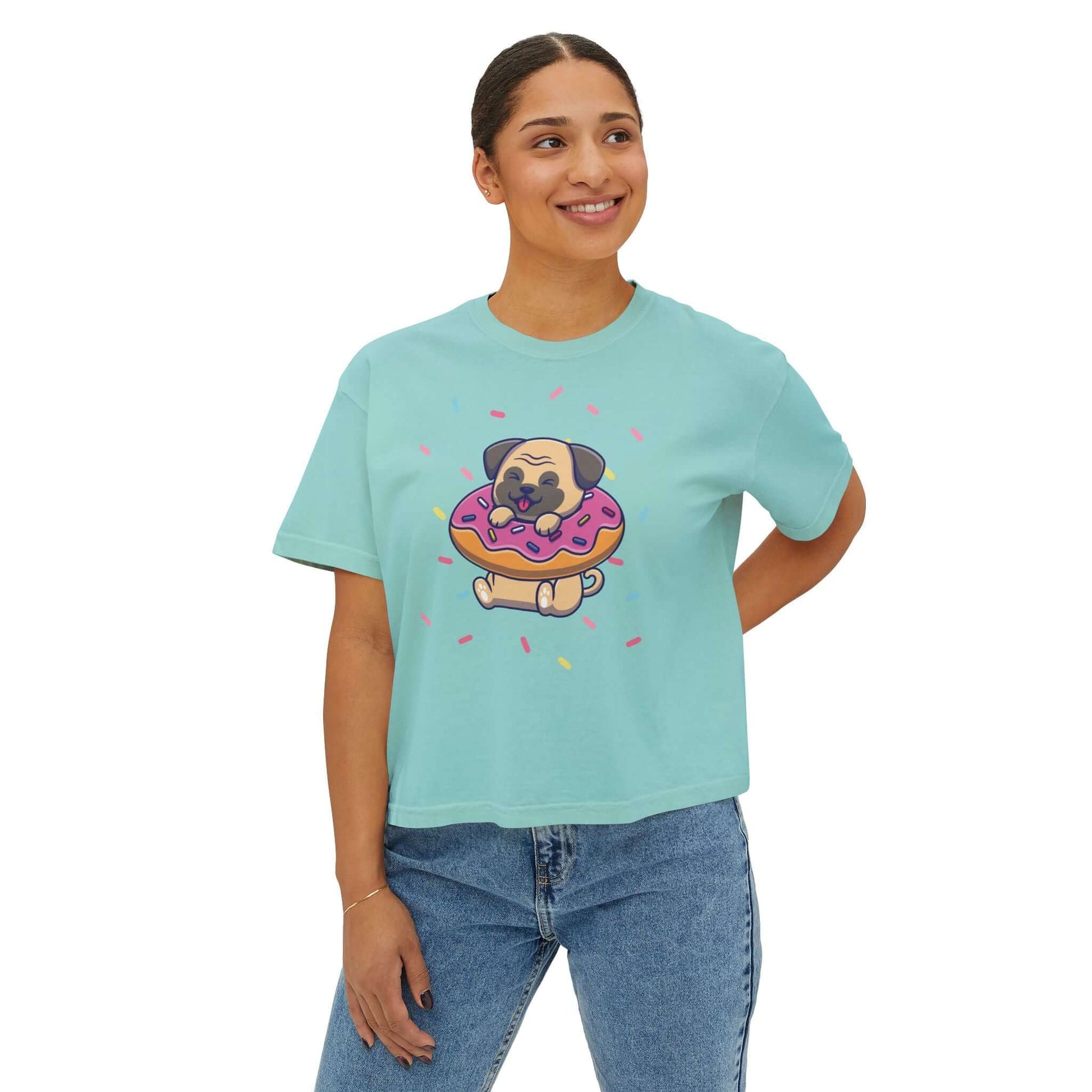 Playful pug graphic tee shirt with donut and sprinkles, perfect for dog lovers, in a soft blue boxy fit.
