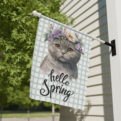 Hello Spring Cat with Flowers Garden Flag