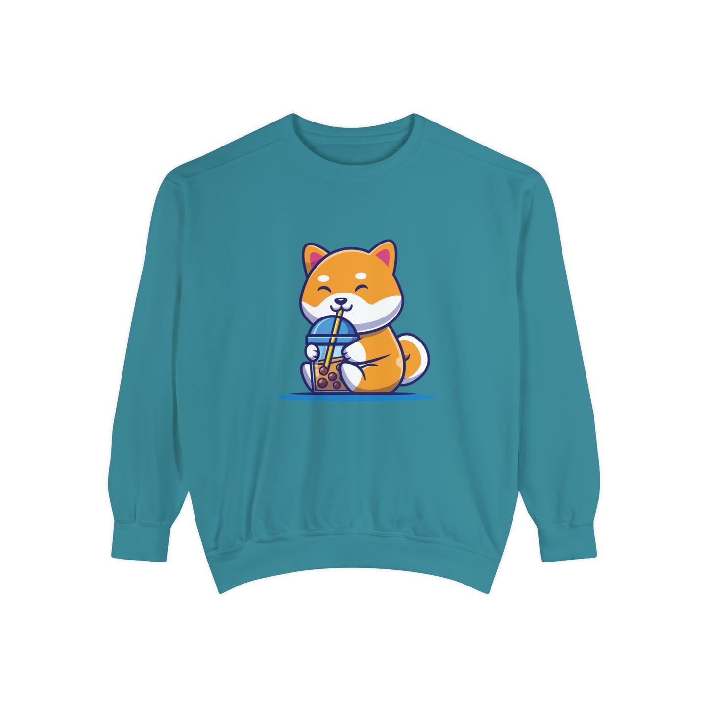 Cute Shiba Inu Drinking Boba Unisex Garment-Dyed Sweatshirt (S-XL)