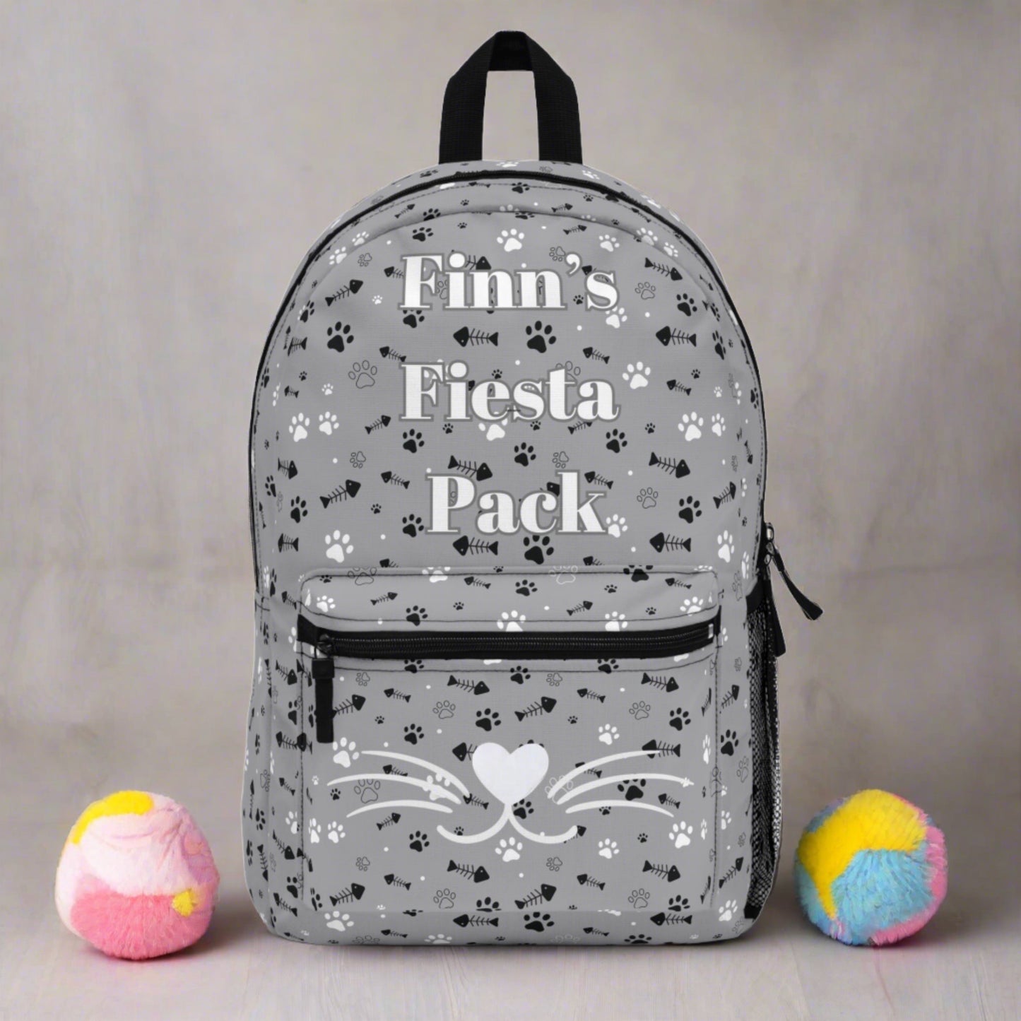 Personalized Grey Cat Print Backpack with Fish Bone Accents 🐾 🐟