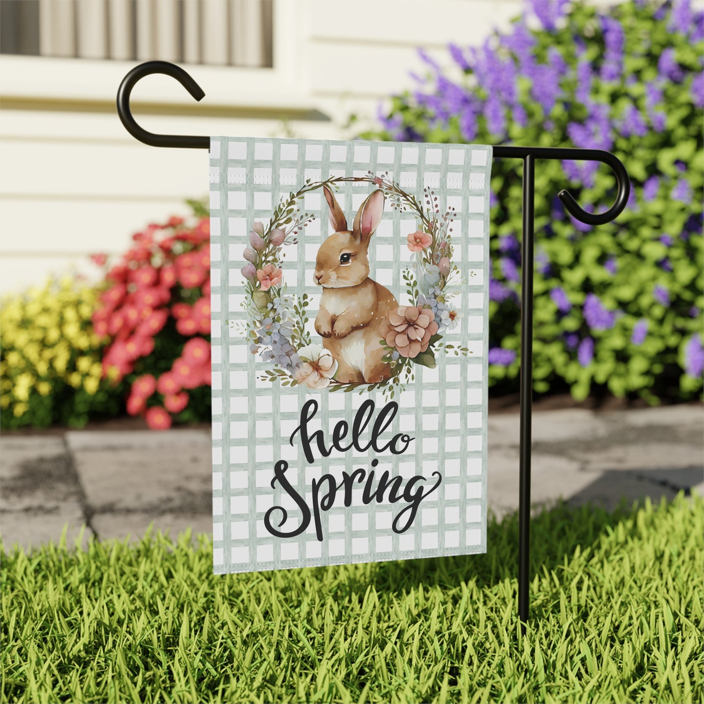 Hello Spring Rabbit with Flowers Garden Flag